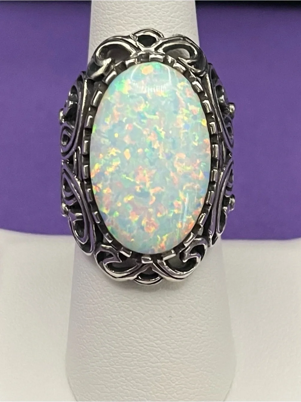 VTG .925 SS Elegant Elongated Openwork Synthetic Opal Ring sz 7.5   9.84 g